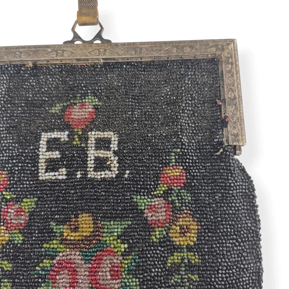 Antique Victorian Micro Beaded Purse Velvet Lining Monogram EB Double Sided 9